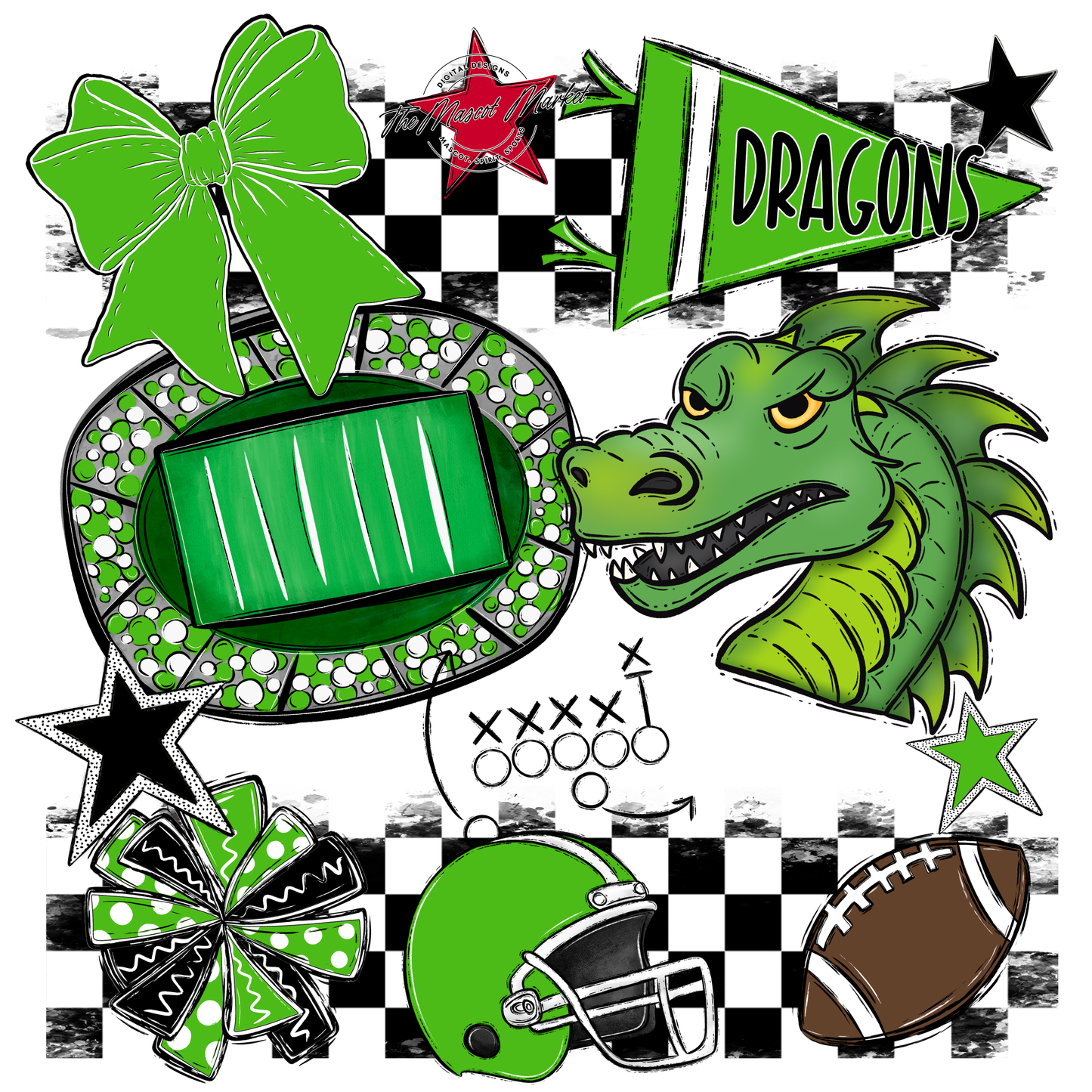 Dragons Checkers Mascot Spirit Design-Bright Green