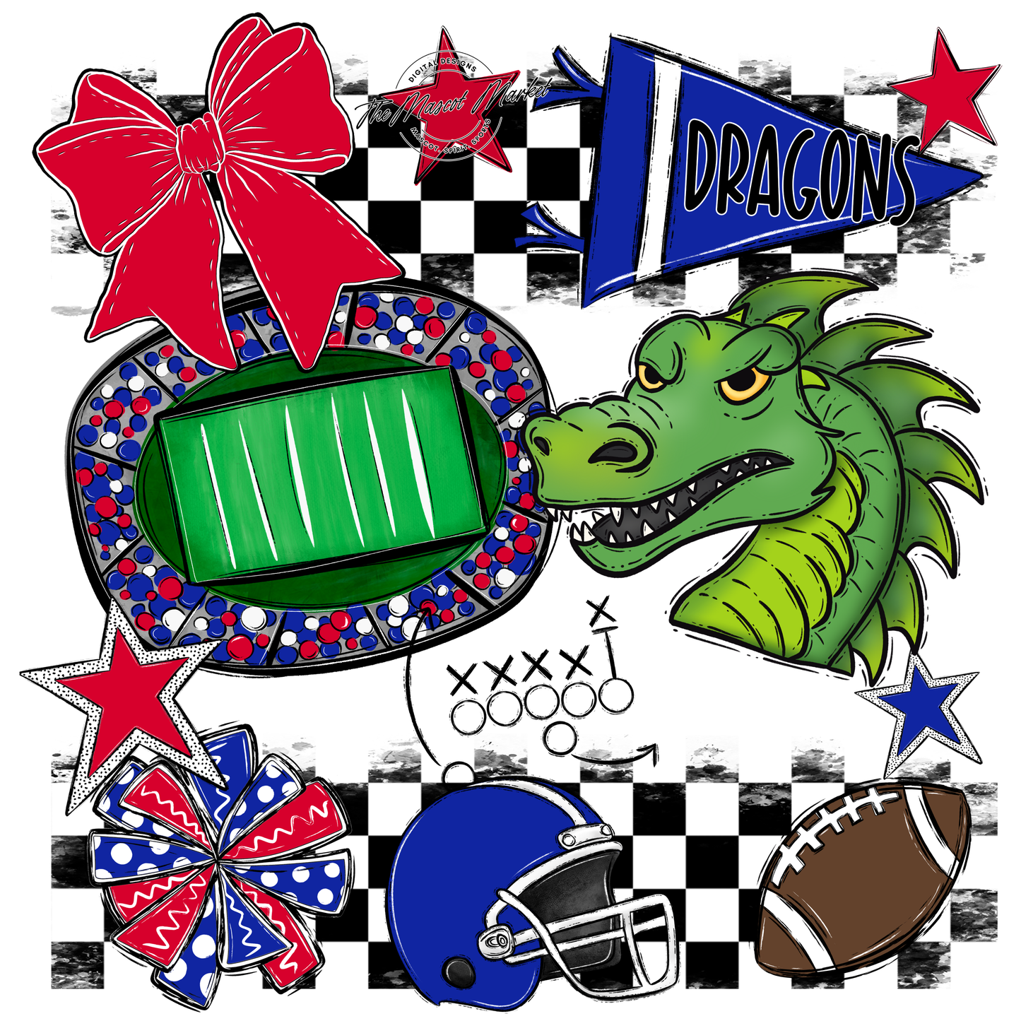 Dragons Checkers Mascot Spirit Design-Royal Blue-Red