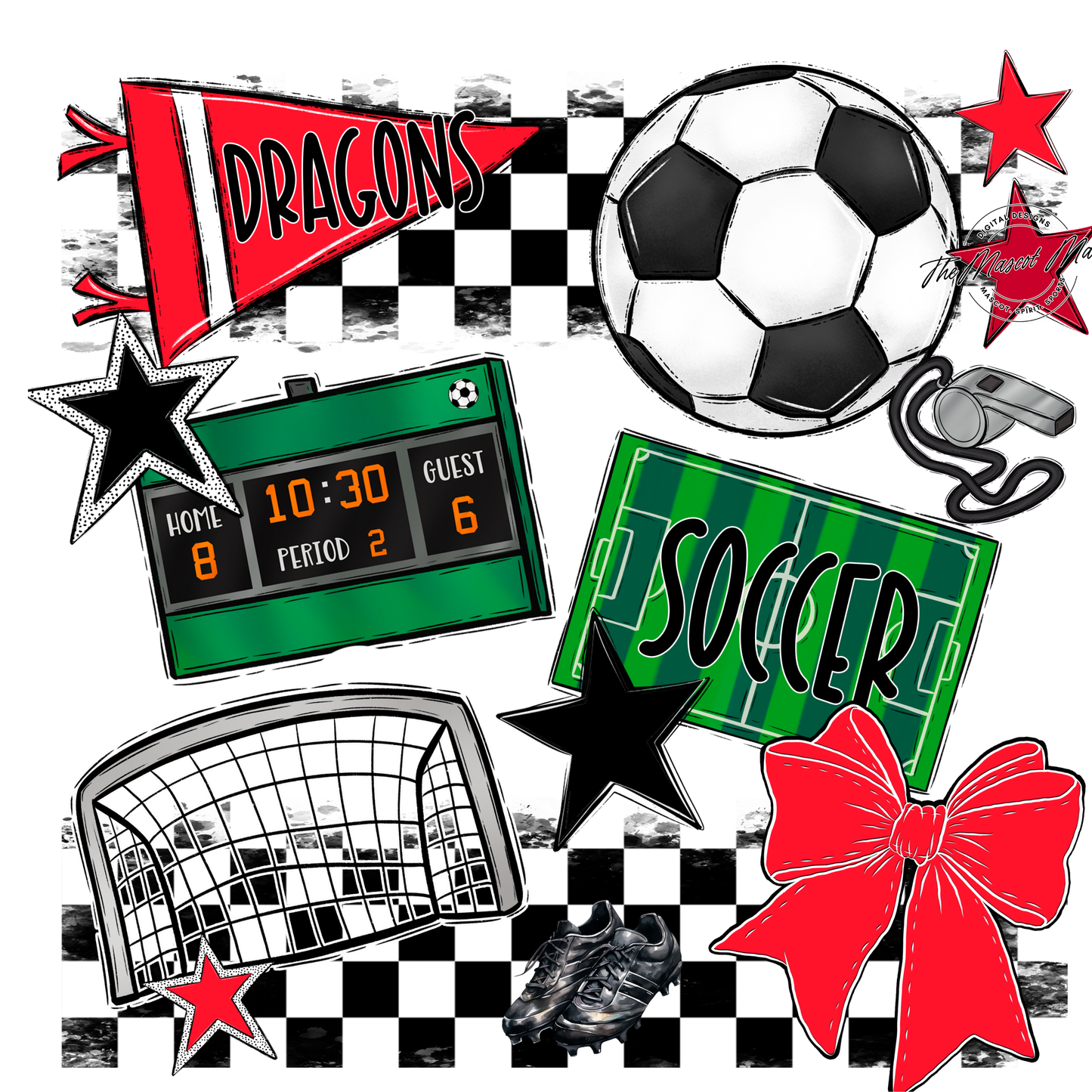 Dragons Checkers Soccer Spirit Design-Bright Red