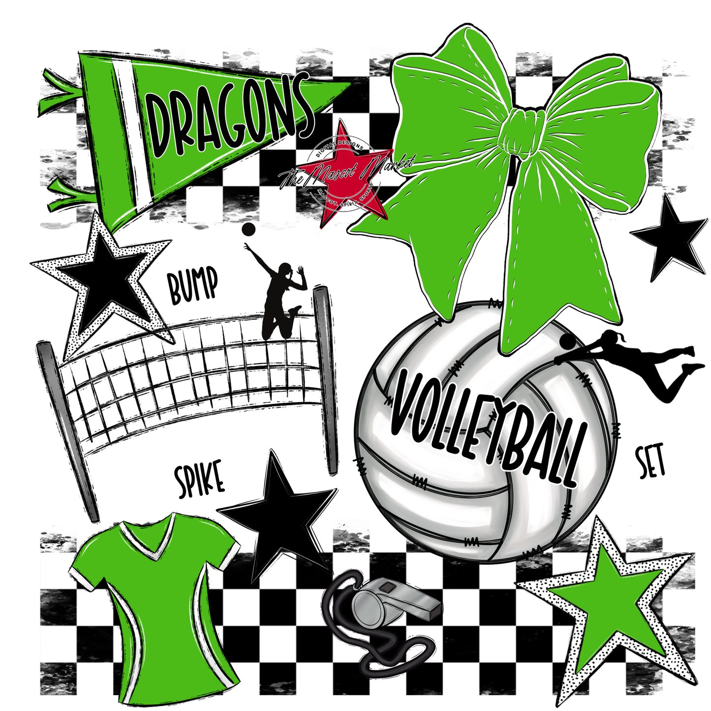 Dragons Checkers Volleyball Spirit Design-Bright Green