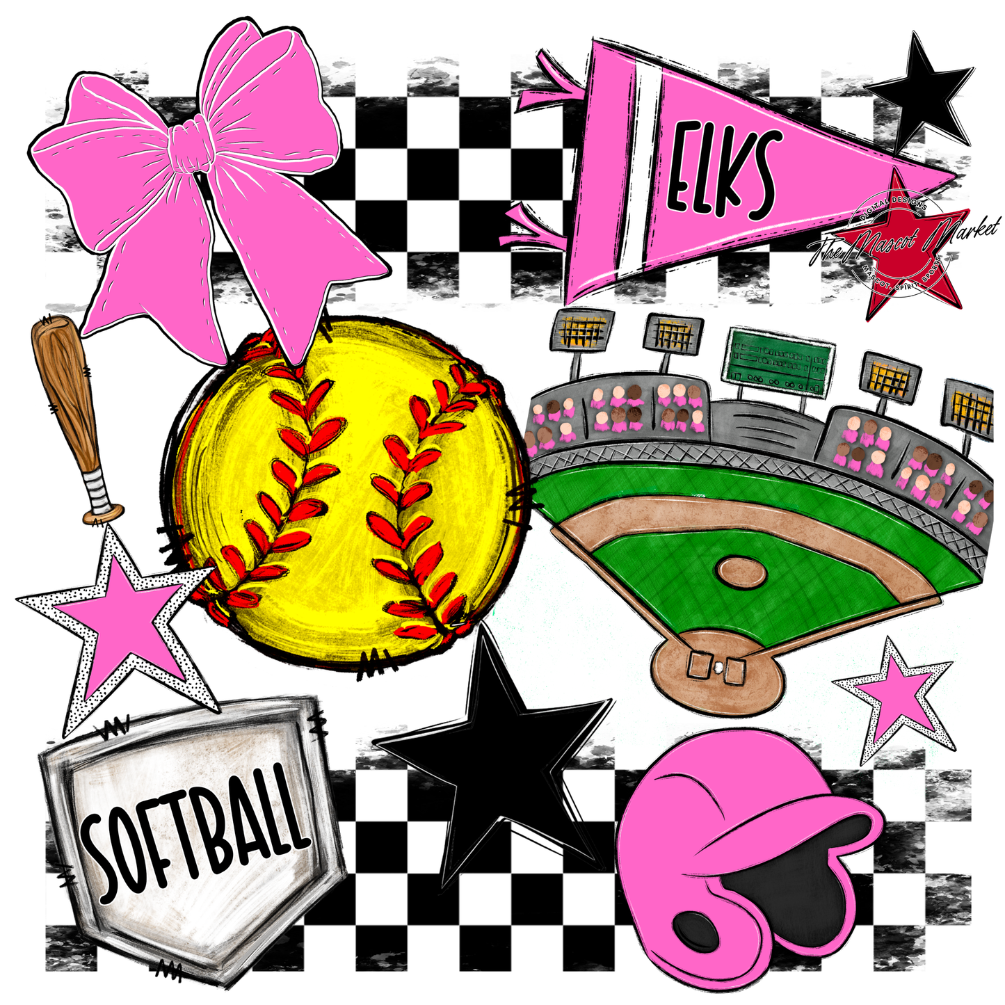 Elks Checkers Softball Spirit Design-Baby Pink