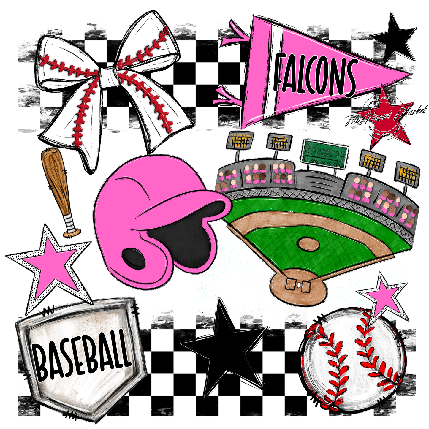 Falcons Checkers Baseball Spirit Design-Baby Pink