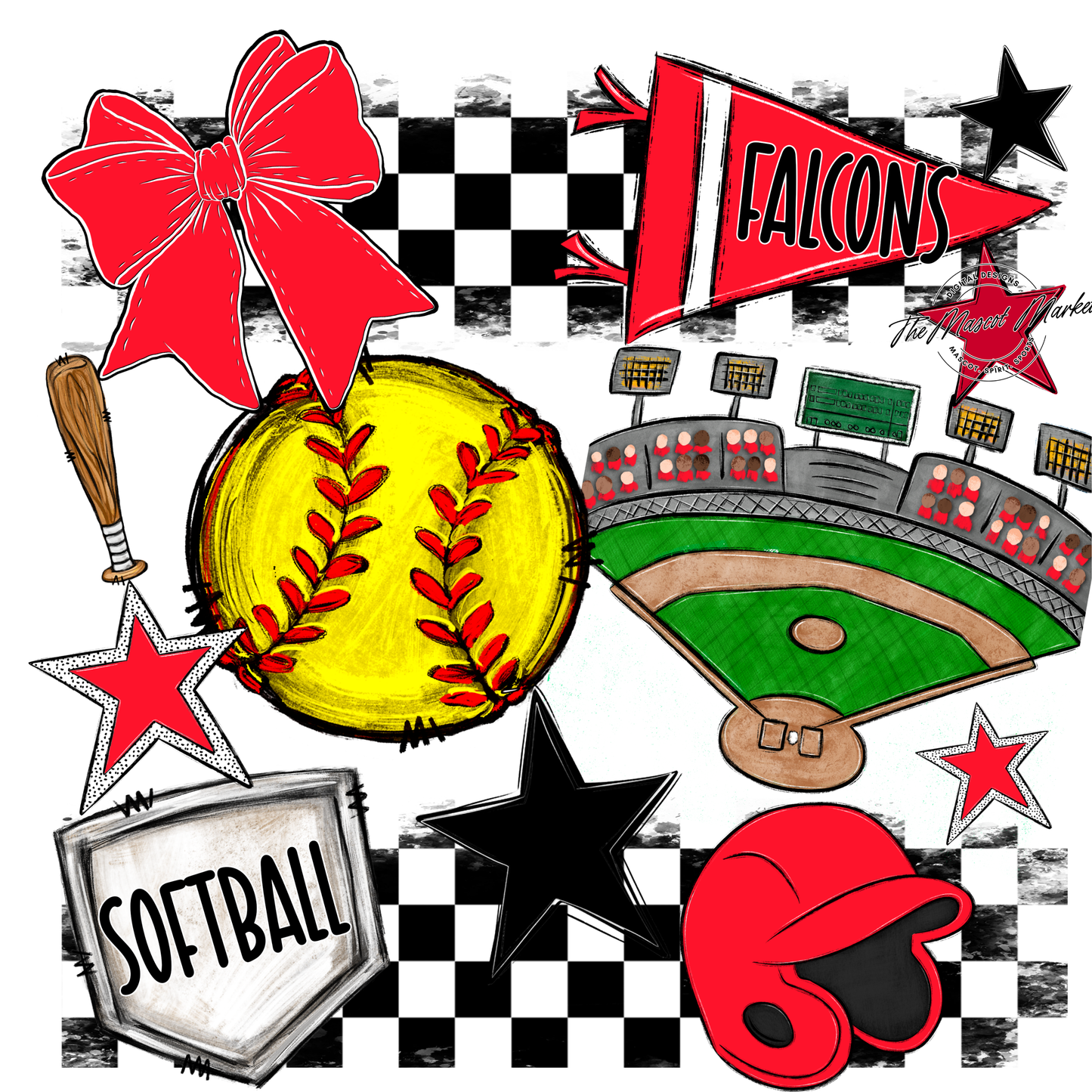 Falcons Checkers Softball Spirit Design-Bright Red