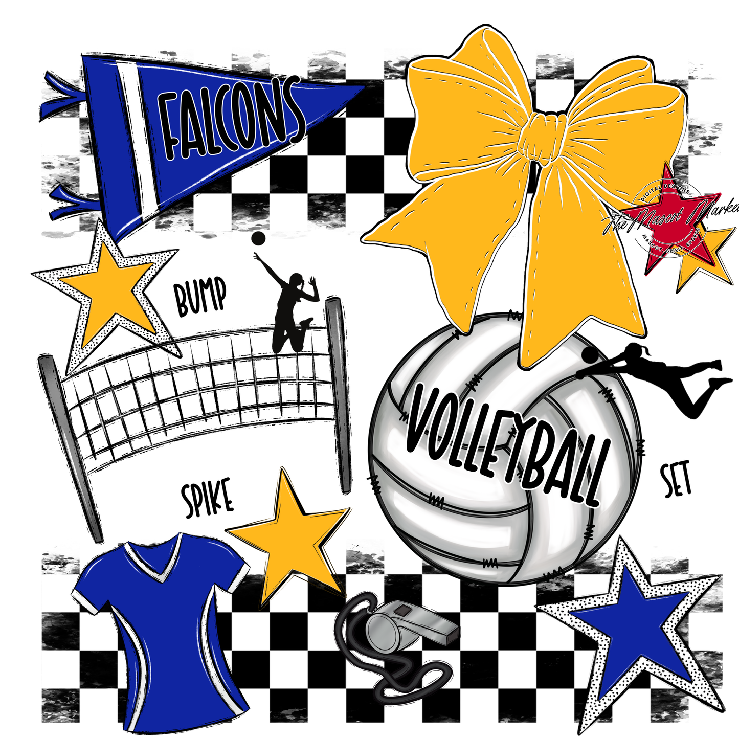 Falcons Checkers Volleyball Spirit Design-Royal Blue-Yellow