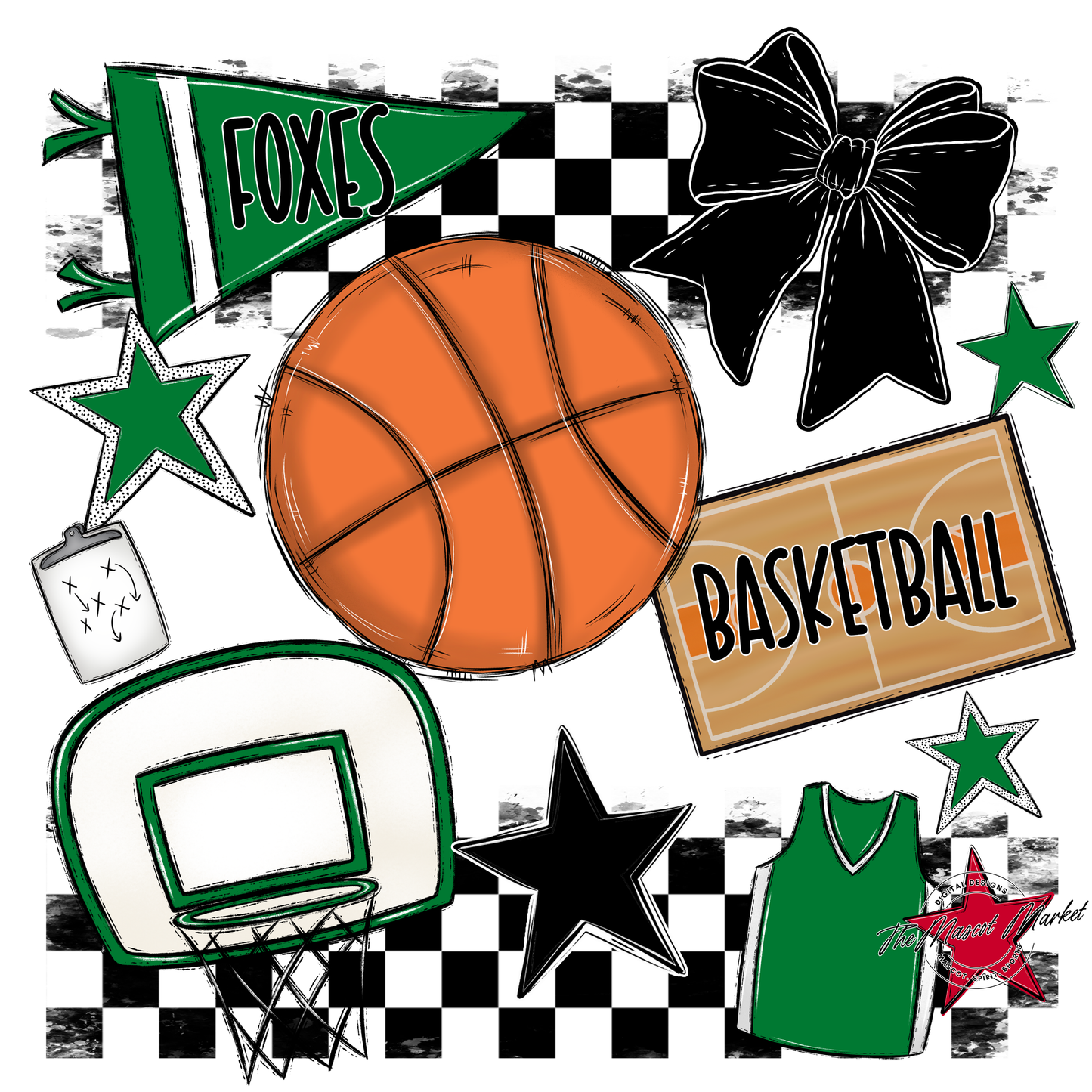 Foxes Checkers Basketball Spirit Design-Kelly Green