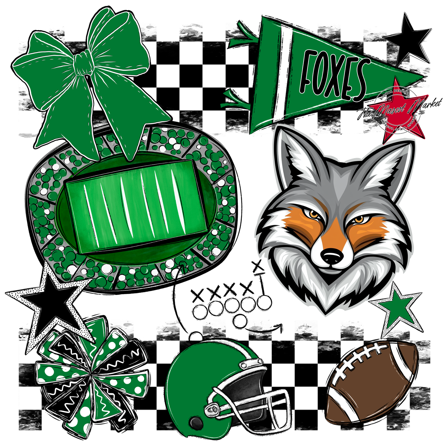 Foxes Checkers Mascot Spirit Design-Kelly Green