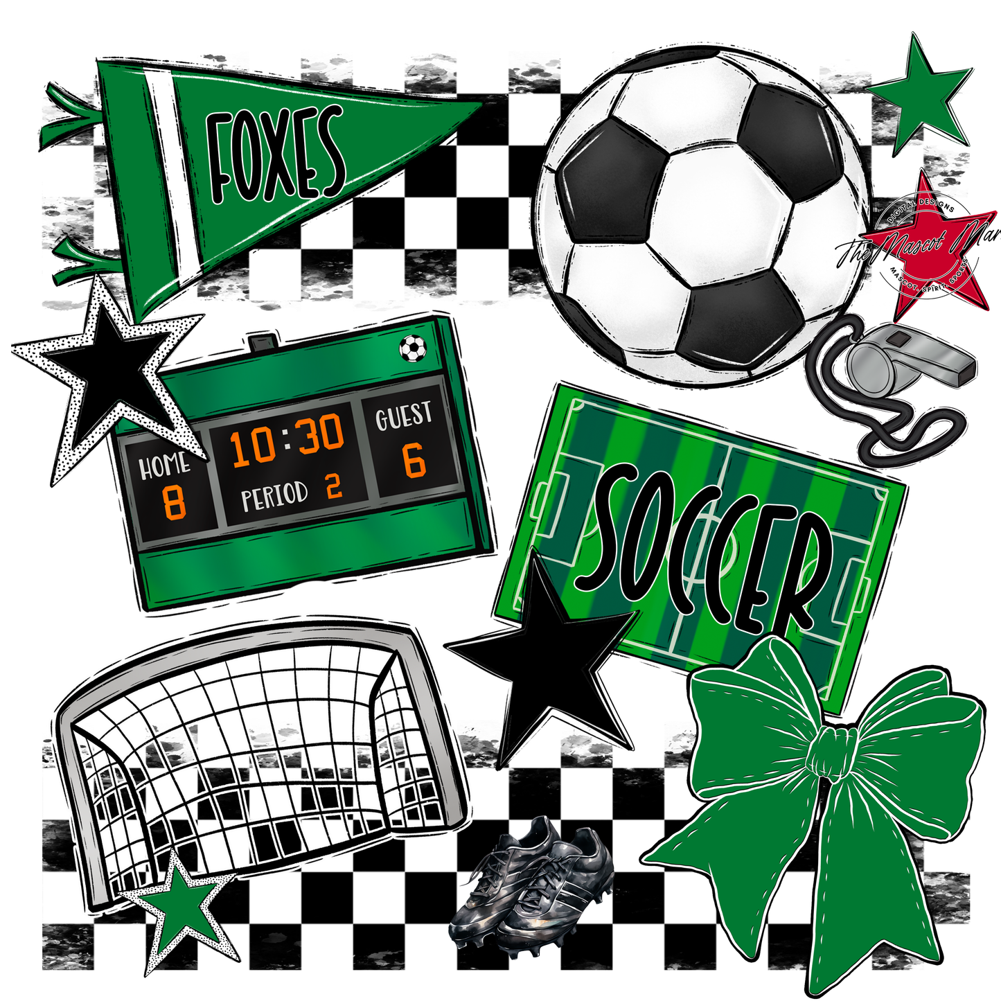 Foxes Checkers Soccer Spirit Design-Kelly Green