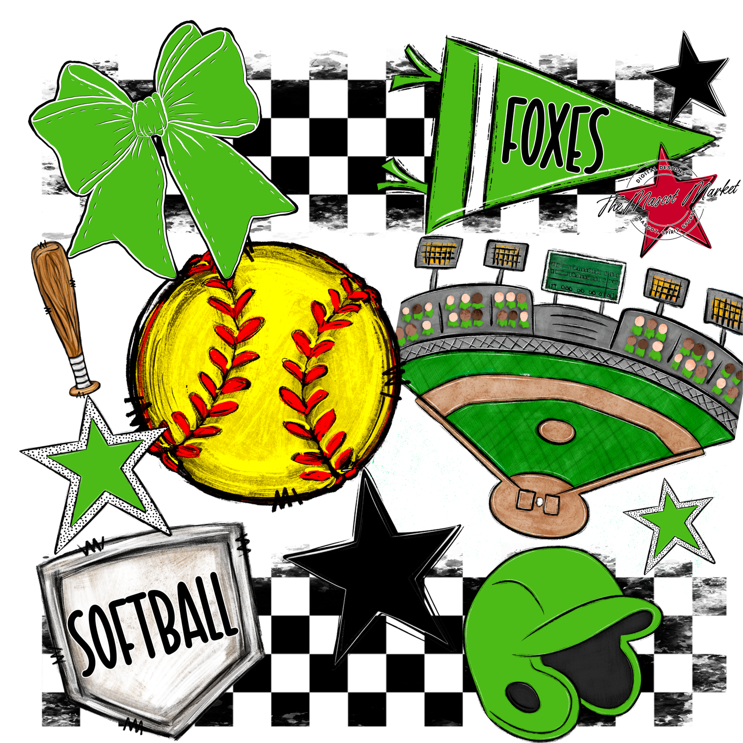 Foxes Checkers Softball Spirit Design-Bright Green