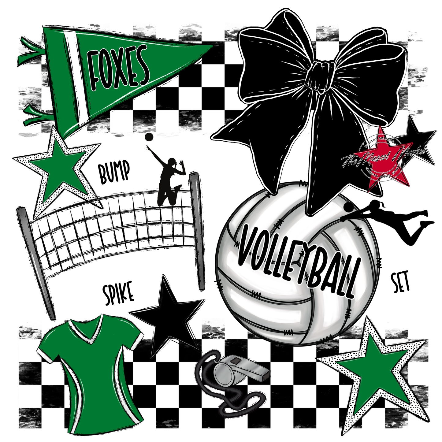 Foxes Checkers Volleyball Spirit Design-Kelly Green