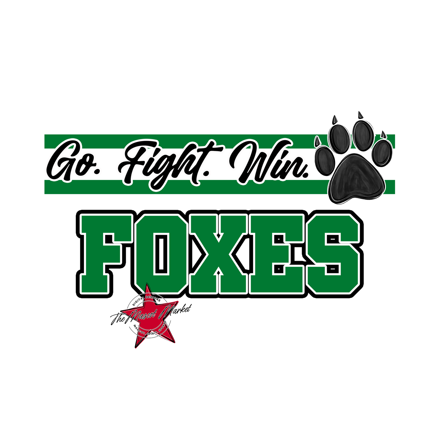 Foxes Go Fight Win Mascot Lines-Kelly Green