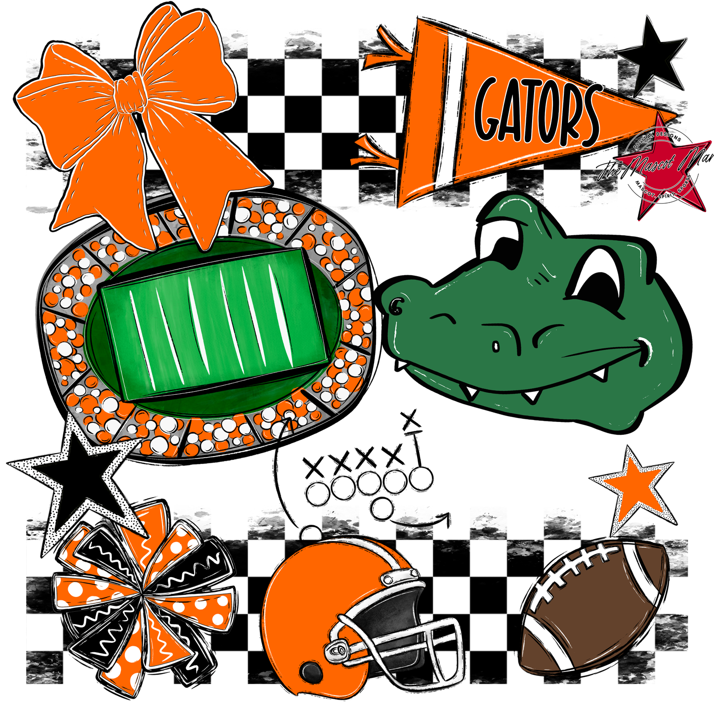 Gators Checkers Mascot Spirit Design-Orange