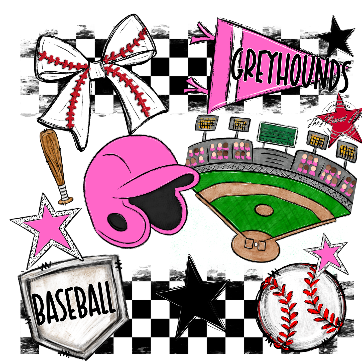 Greyhounds Checkers Baseball Spirit Design-Baby Pink