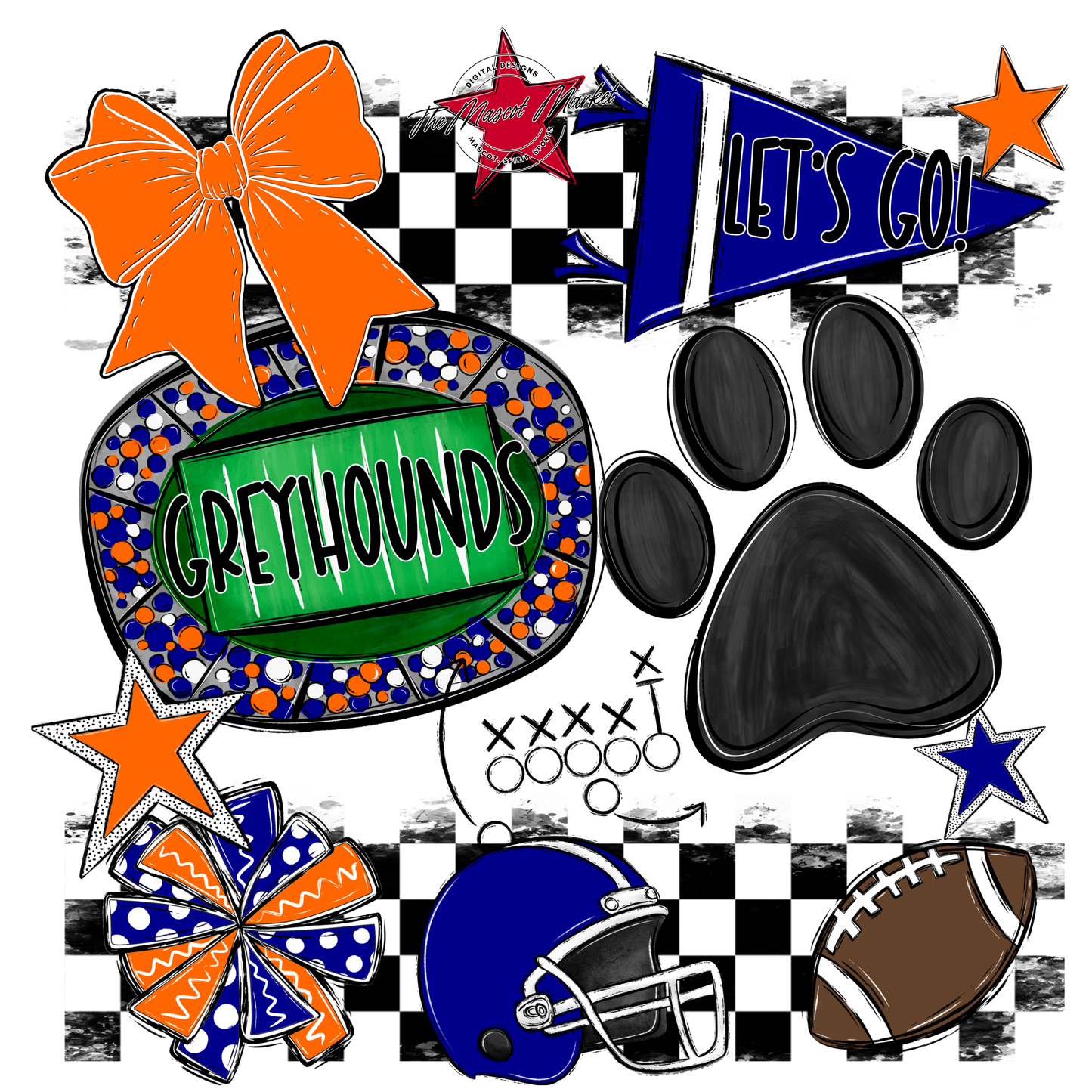 Greyhounds Checkers Mascot Spirit Design-Blue-Orange