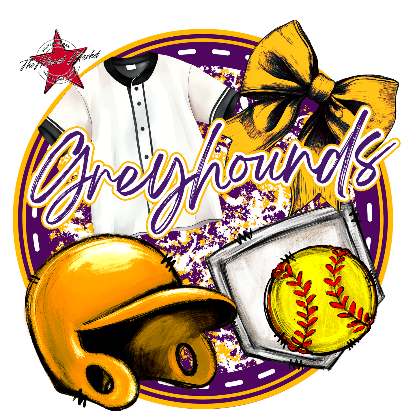 Greyhounds Circle Softball Design-Purple-Yellow