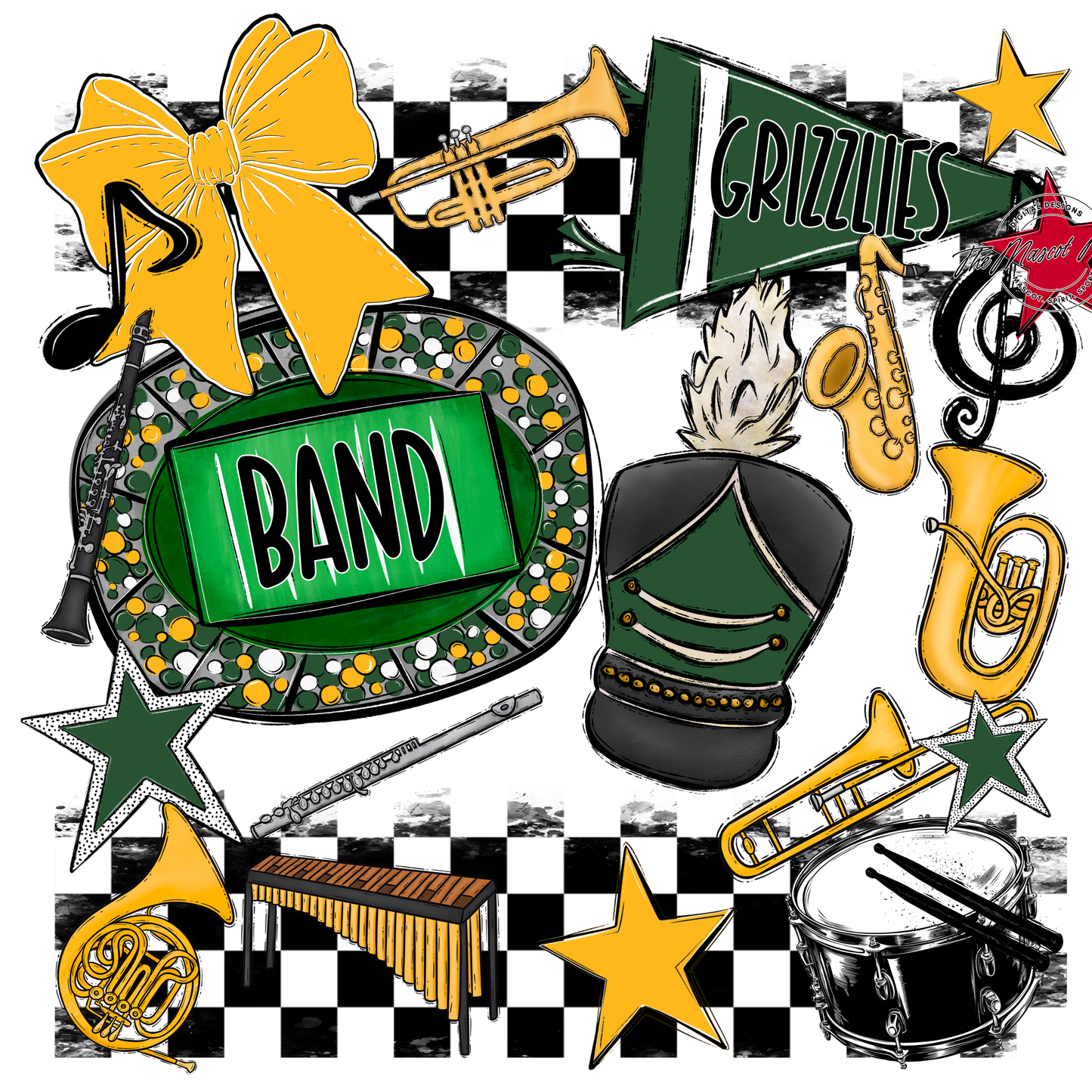 Grizzlies Checkers Band Spirit Design-Green-Yellow
