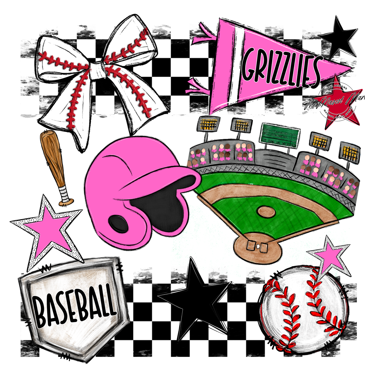 Grizzlies Checkers Baseball Spirit Design-Baby Pink