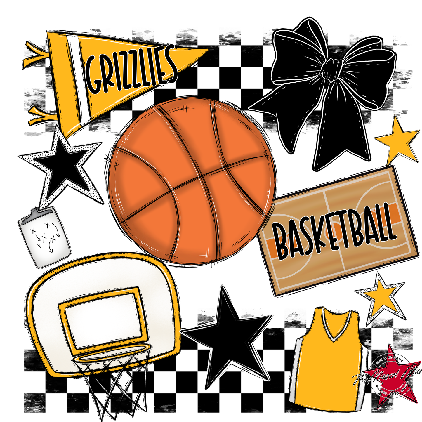 Grizzlies Checkers Basketball Spirit Design-Yellow