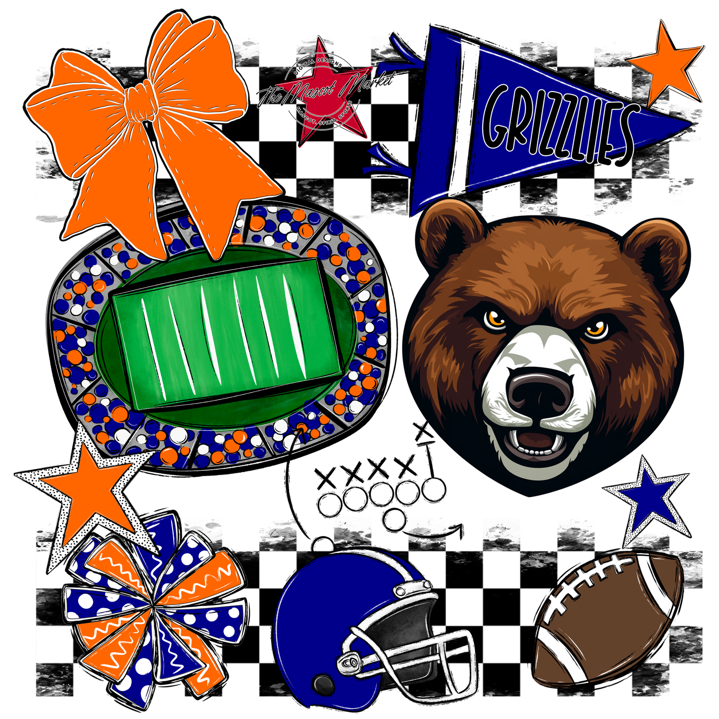 Grizzlies Checkers Mascot Spirit Design-Blue-Orange