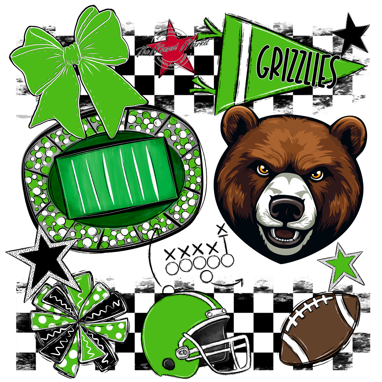 Grizzlies Checkers Mascot Spirit Design-Bright Green
