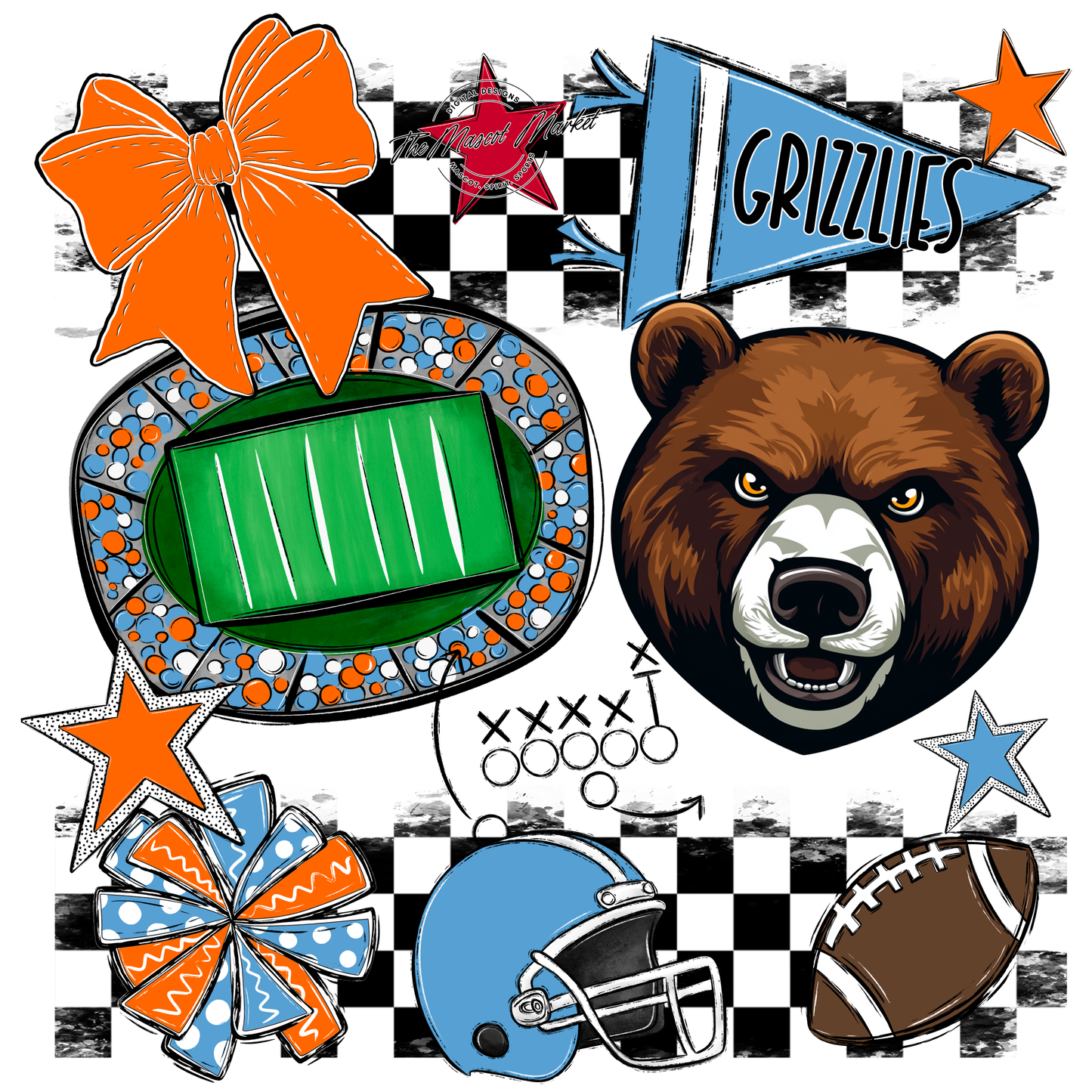 Grizzlies Checkers Mascot Spirit Design-Carolina Blue-Orange