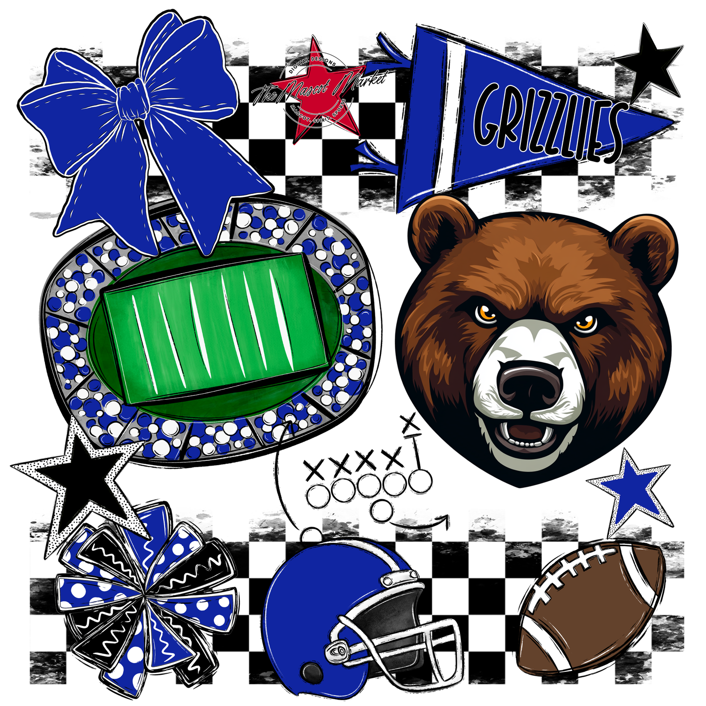 Grizzlies Checkers Mascot Spirit Design-Royal Blue