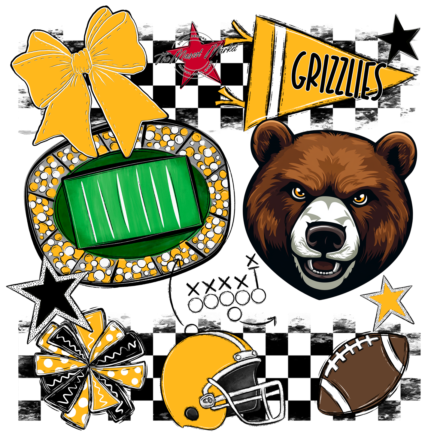 Grizzlies Checkers Mascot Spirit Design-Yellow