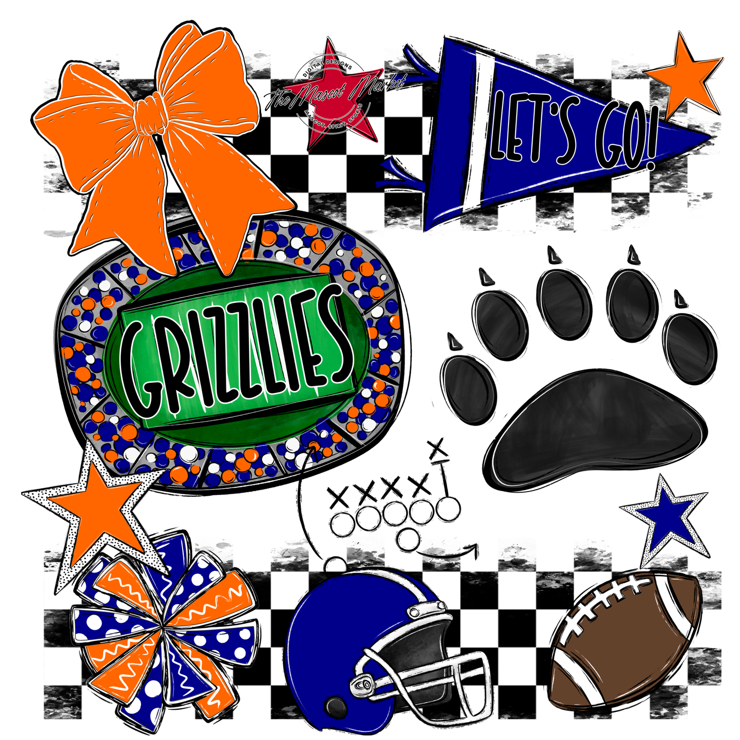 Grizzlies Checkers Mascot Spirit Design w Paw-Blue-Orange