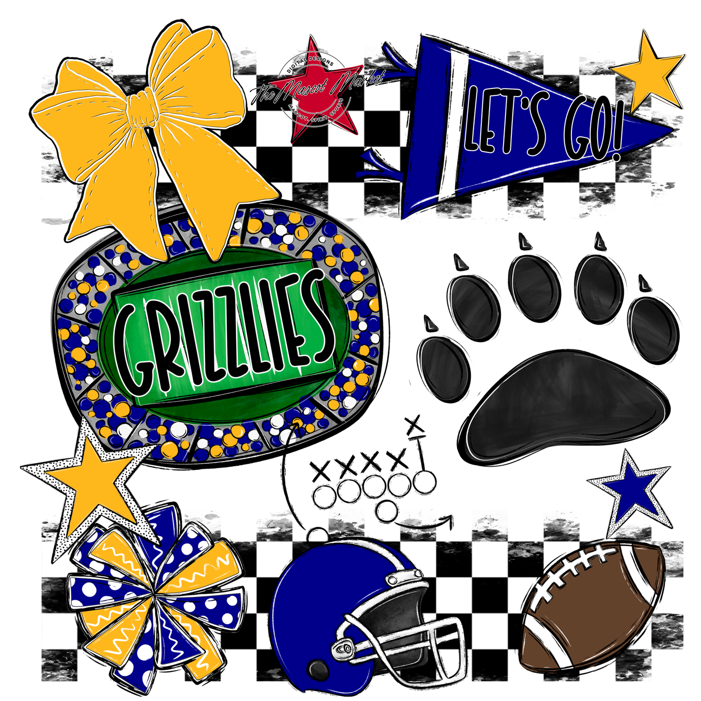 Grizzlies Checkers Mascot Spirit Design w Paw-Blue-Yellow