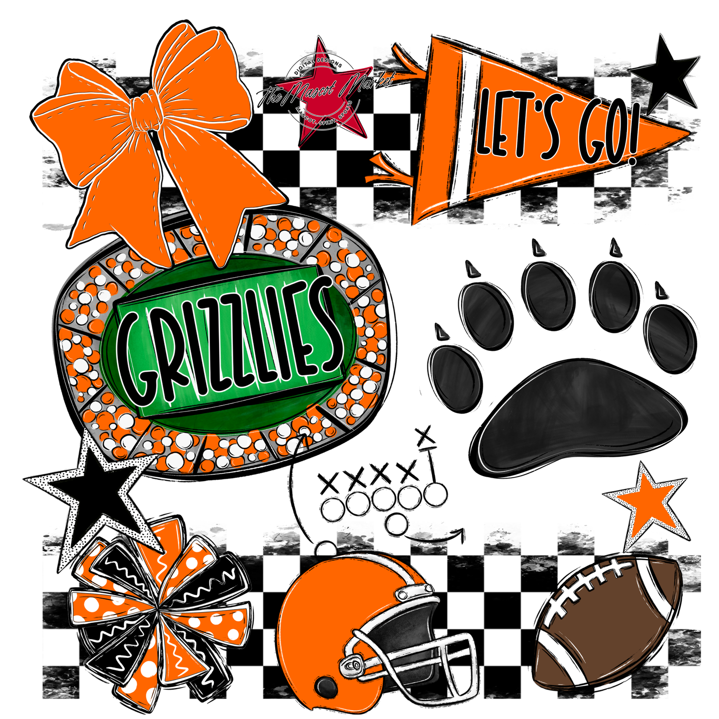 Grizzlies Checkers Mascot Spirit Design w Paw-Orange