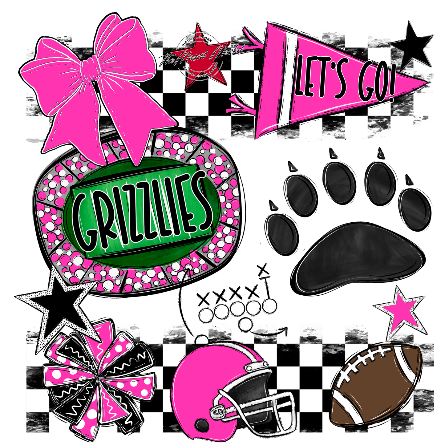 Grizzlies Checkers Mascot Spirit Design w Paw-Pink