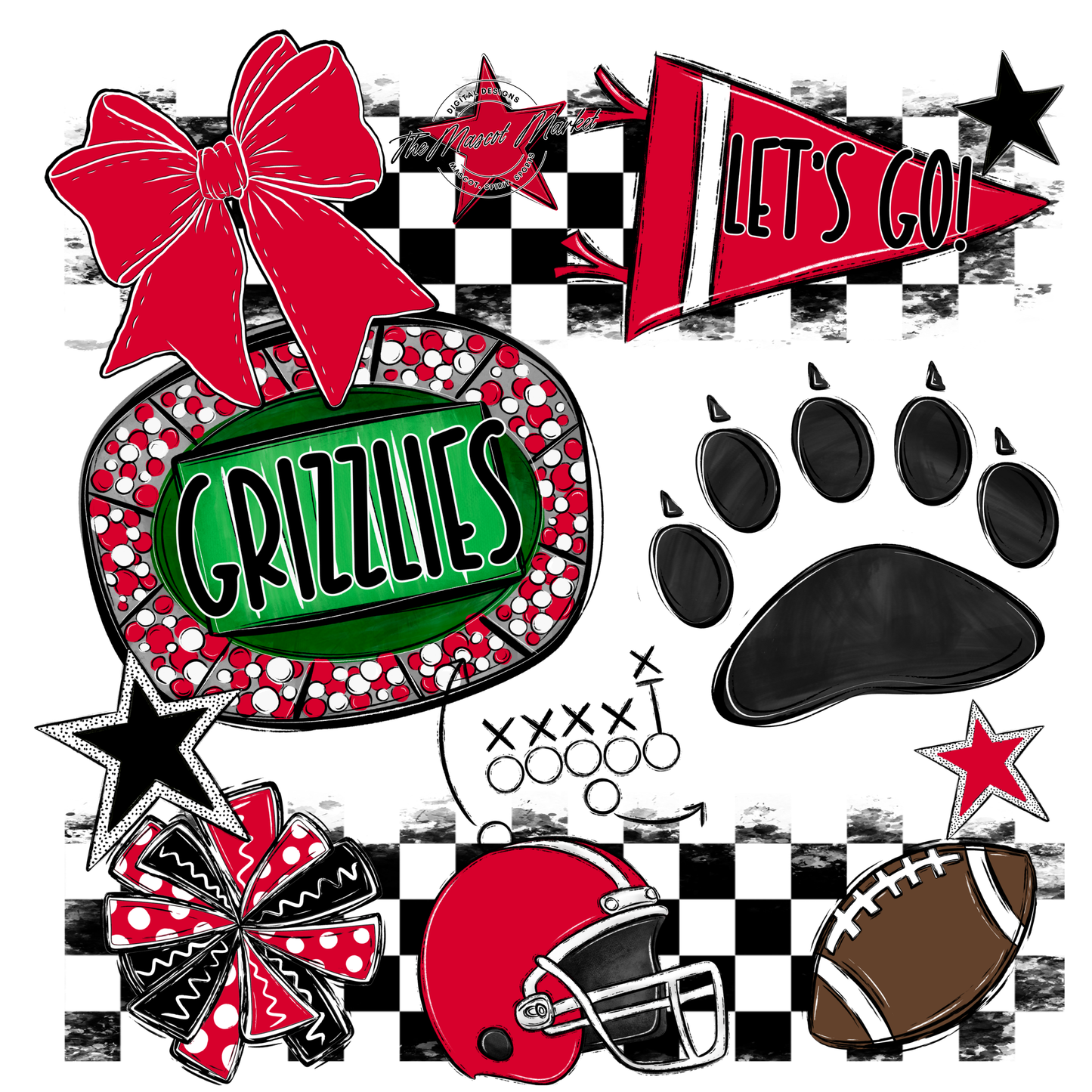 Grizzlies Checkers Mascot Spirit Design w Paw-Red