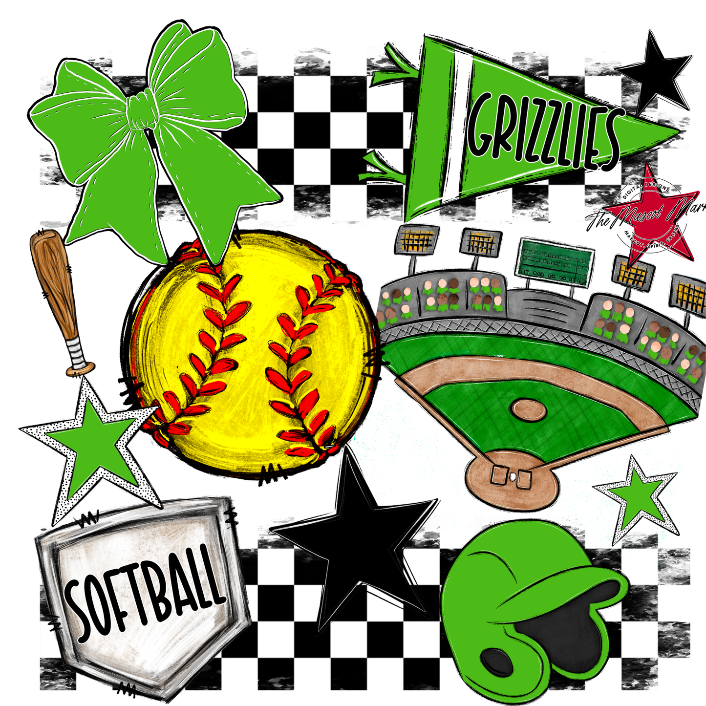 Grizzlies Checkers Softball Spirit Design-Bright Green