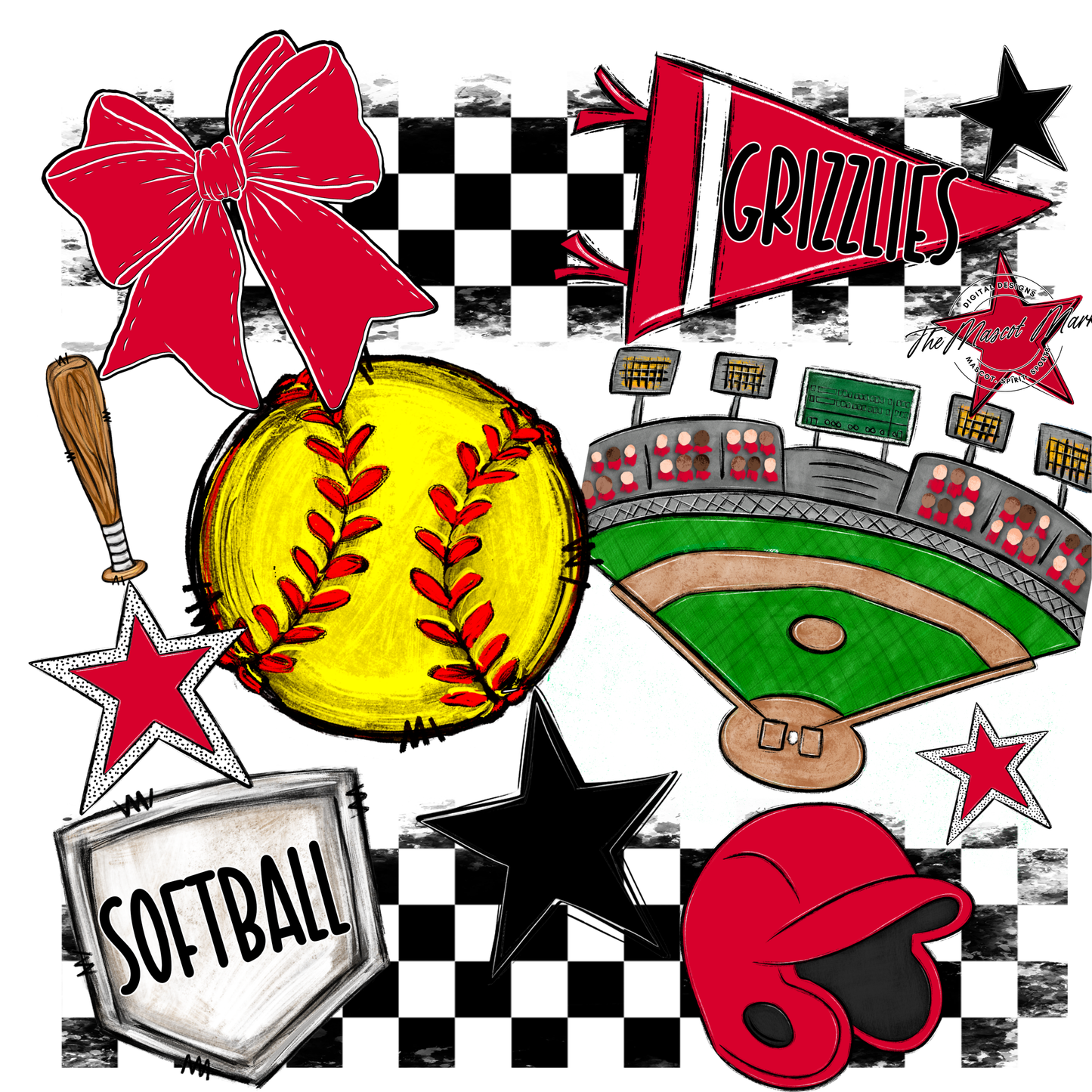 Grizzlies Checkers Softball Spirit Design-Red
