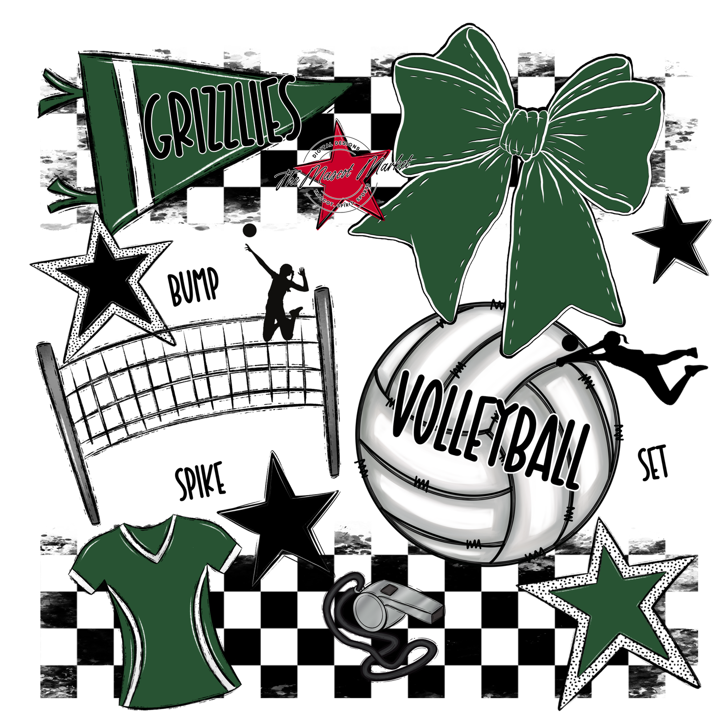 Grizzlies Checkers Volleyball Spirit Design-Green