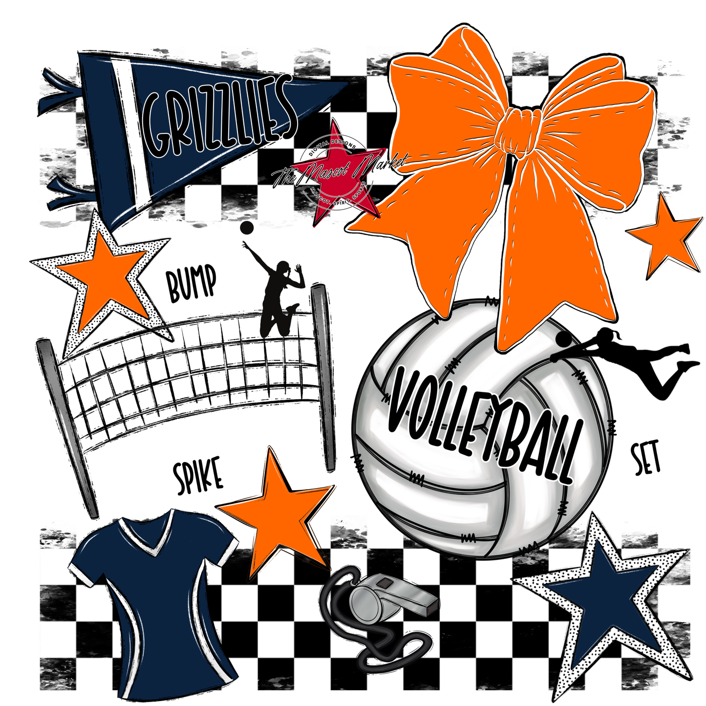 Grizzlies Checkers Volleyball Spirit Design-Navy-Orange