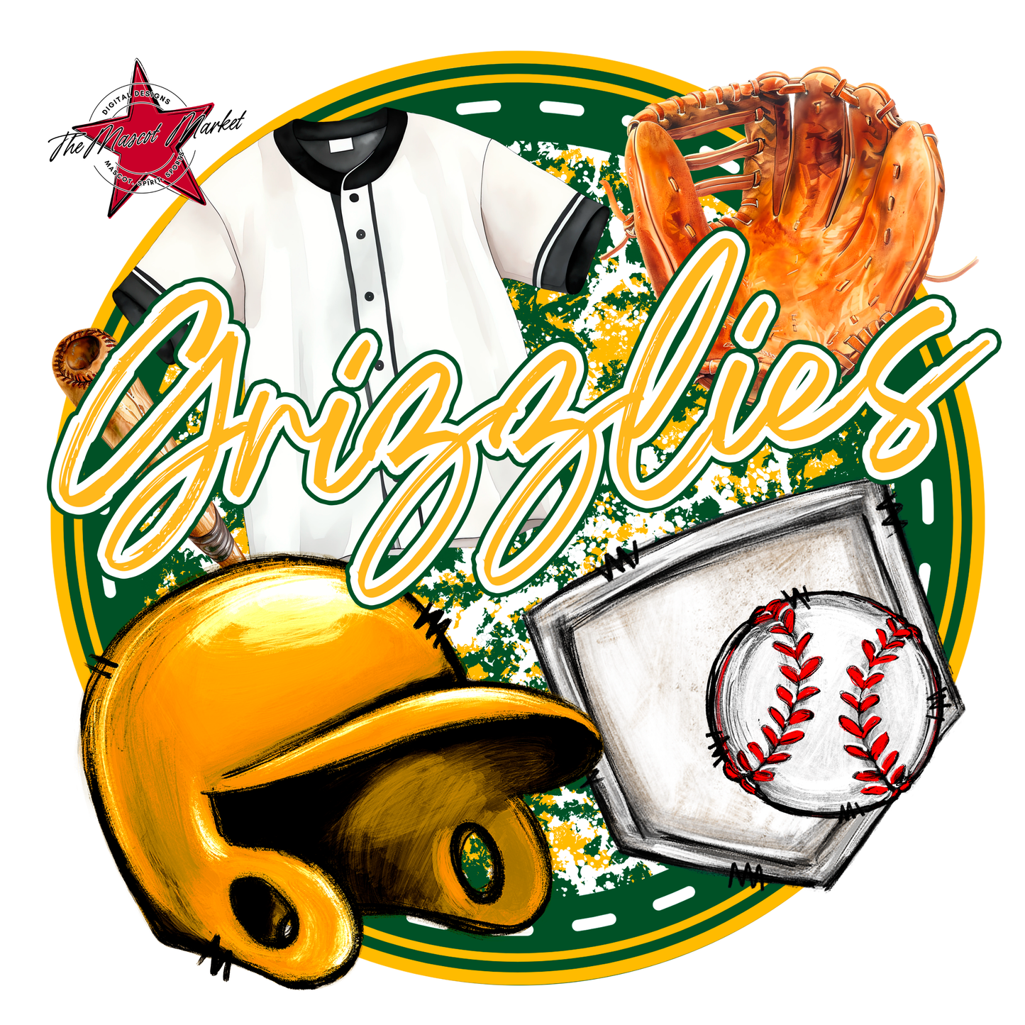 Grizzlies Circle Baseball Design-Green-Yellow