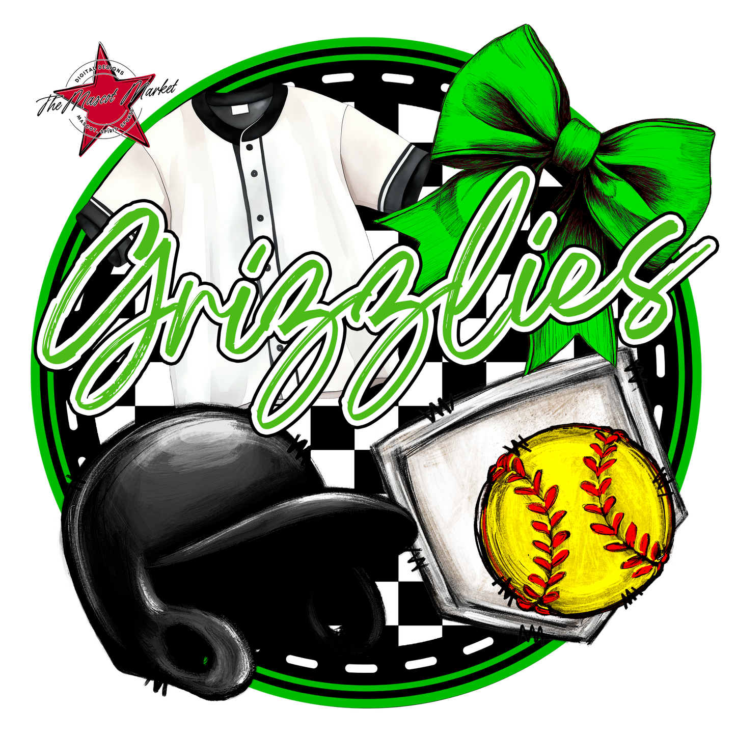 Grizzlies Circle Softball Design-Bright Green