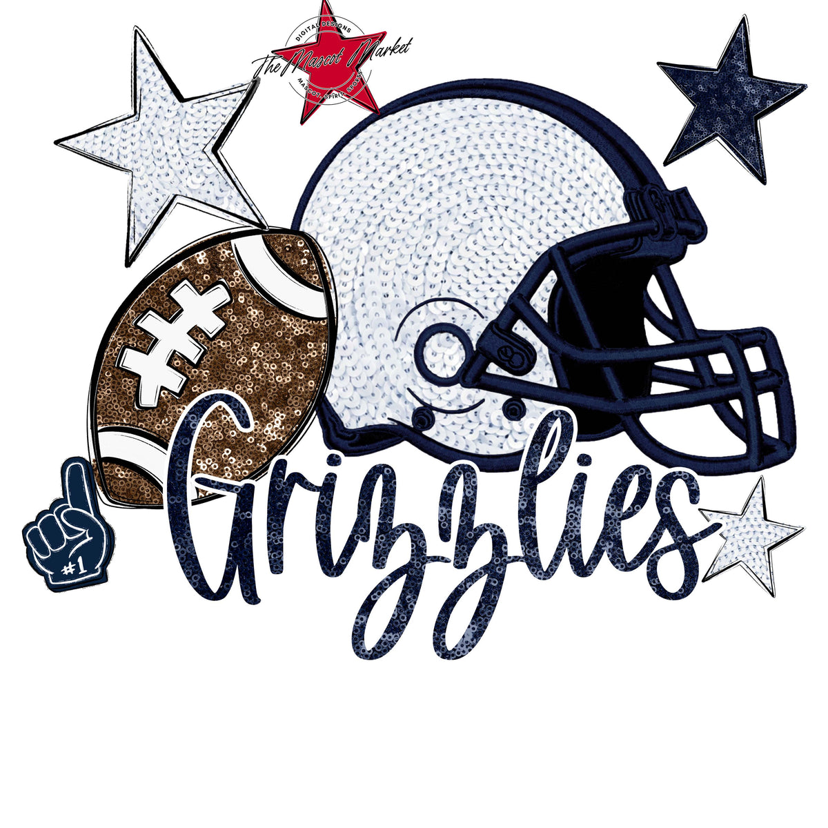 Grizzlies Football Embroidered Sequins Design-Navy