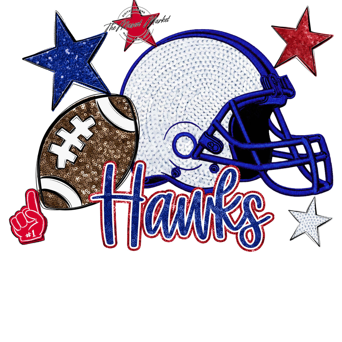 Hawks Football Embroidered Sequins Design-Blue & Red