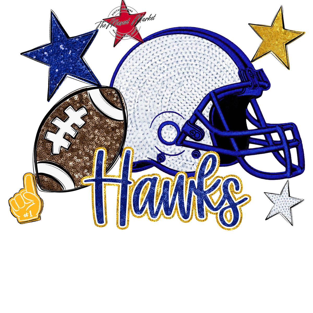 Hawks Football Embroidered Sequins Design-Blue & Yellow