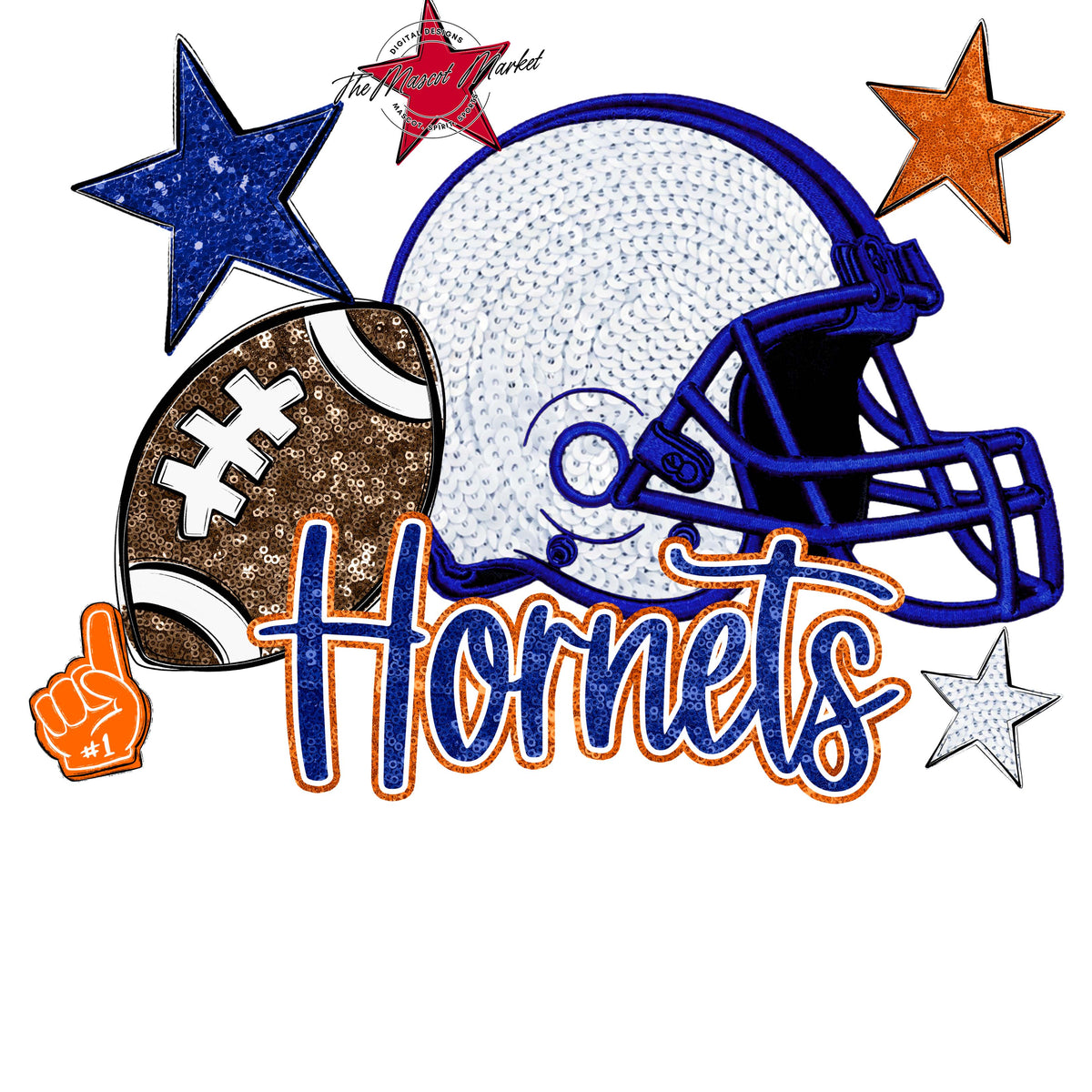 Hornets Football Embroidered Sequins Design-Blue & Orange
