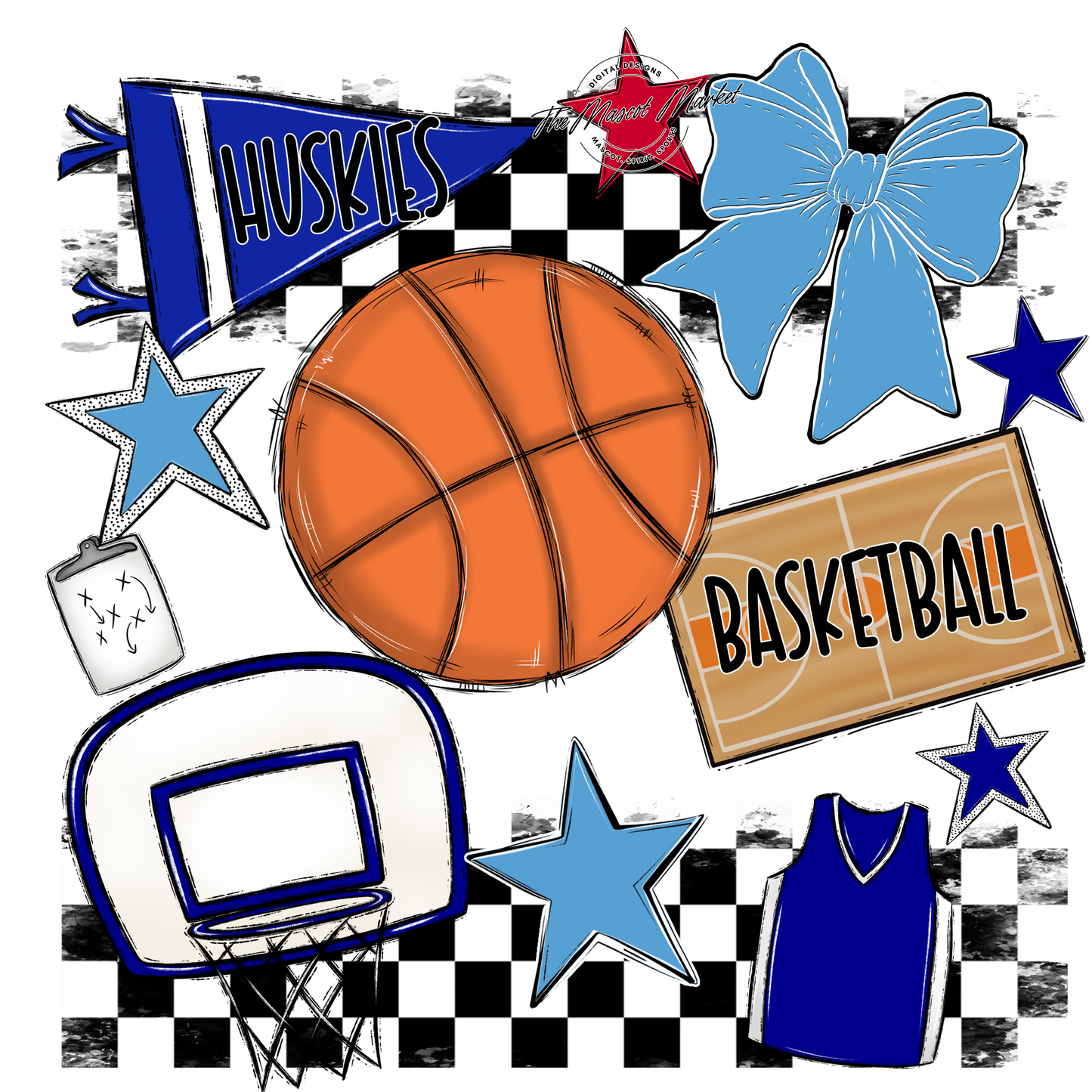 Huskies Checkers Basketball Spirit Design-Blue-Carolina Blue