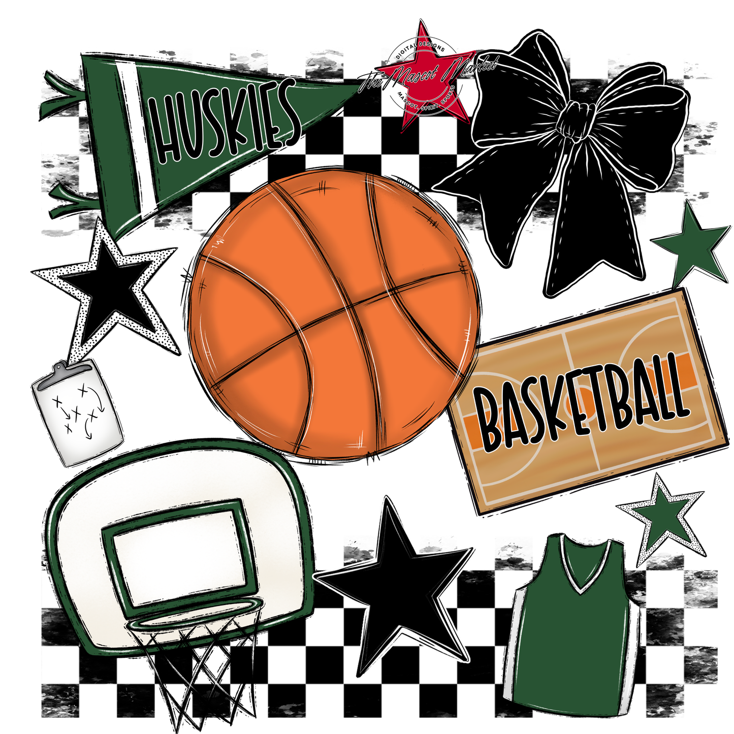 Huskies Checkers Basketball Spirit Design-Green