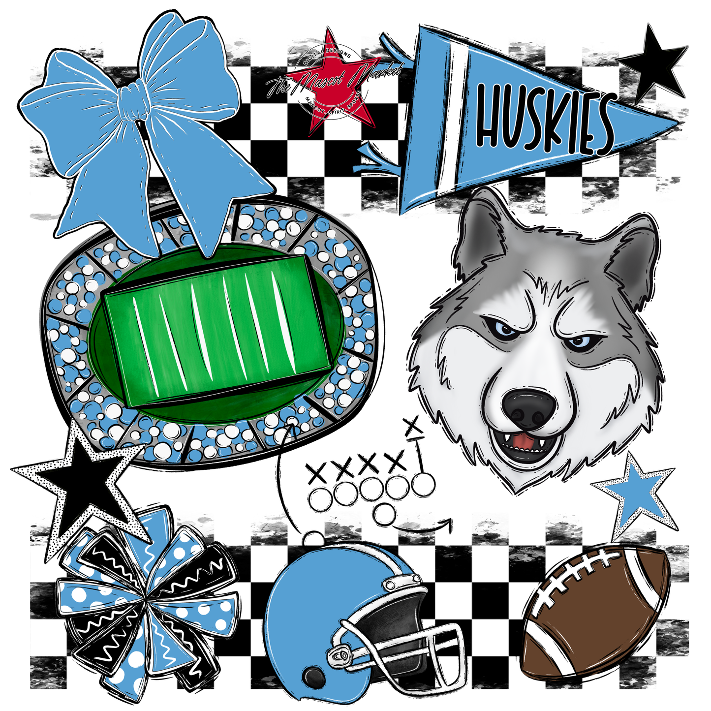 Huskies Checkers Mascot Spirit Design-Carolina Blue