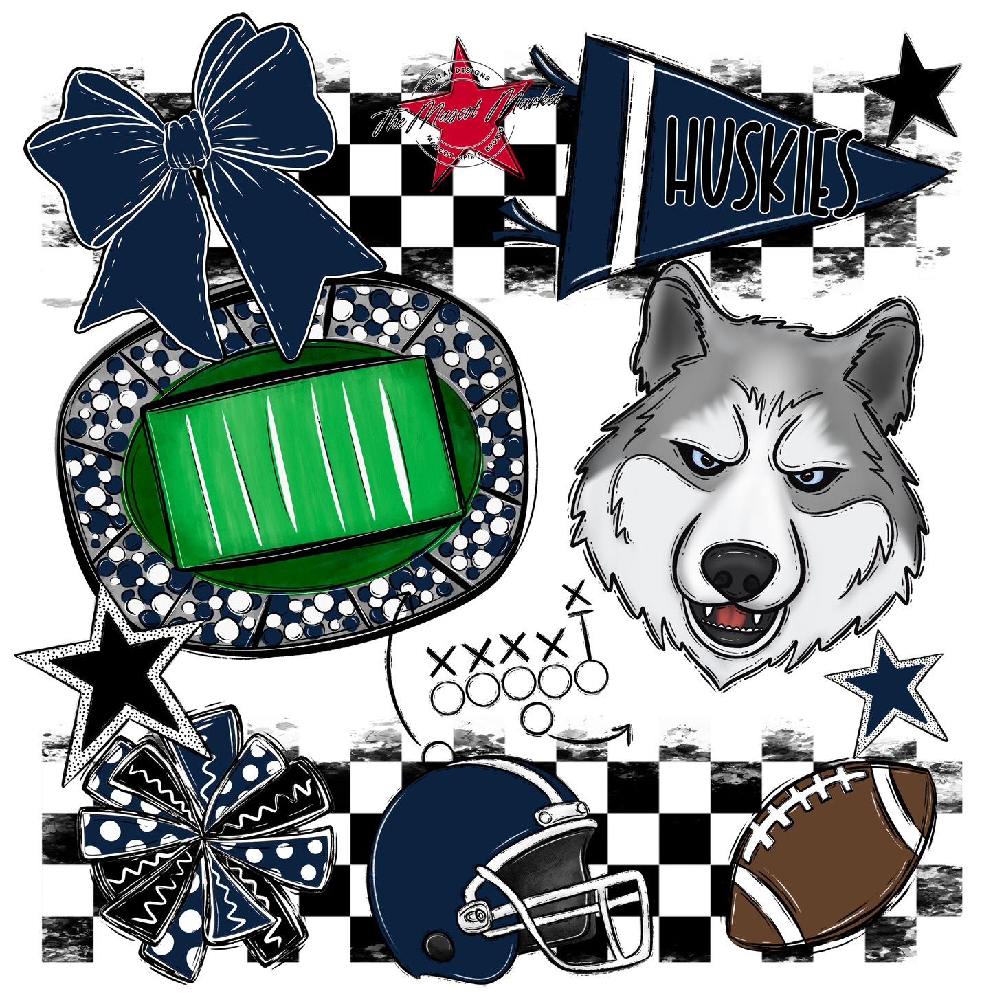 Huskies Checkers Mascot Spirit Design-Navy