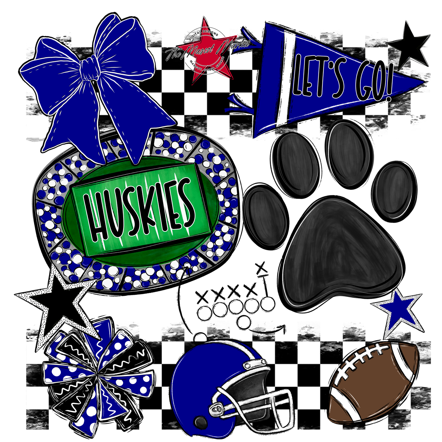Huskies Checkers Mascot Spirit Design w Paw-Blue