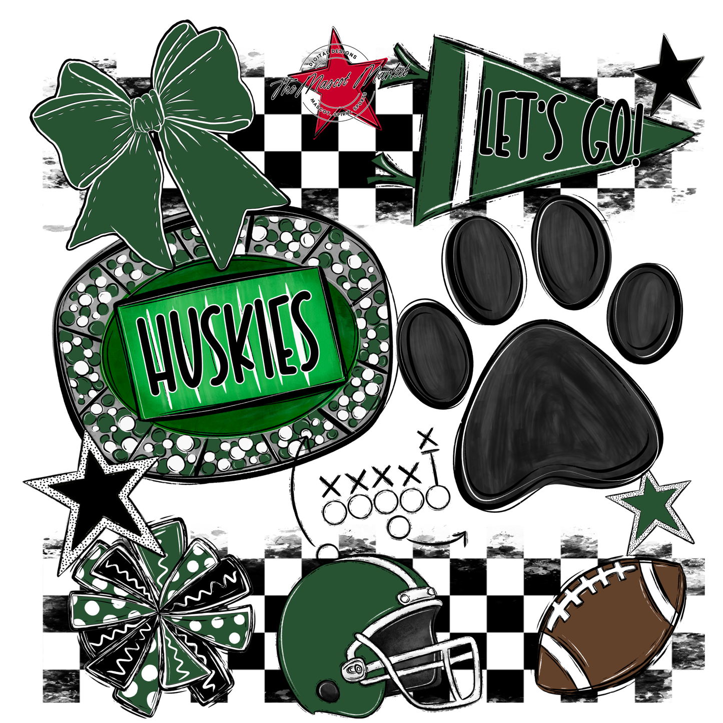 Huskies Checkers Mascot Spirit Design w Paw-Green