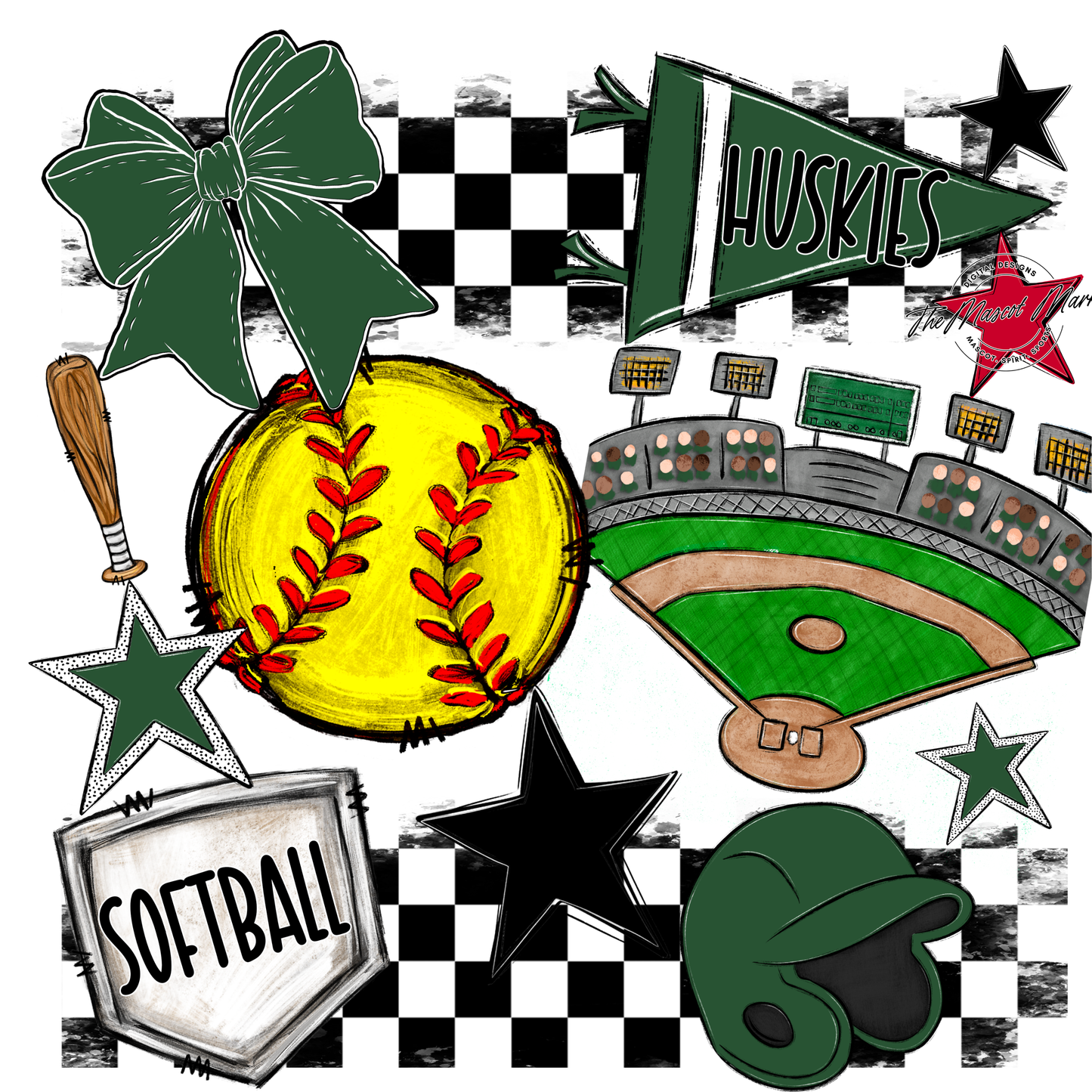 Huskies Checkers Softball Spirit Design-Green