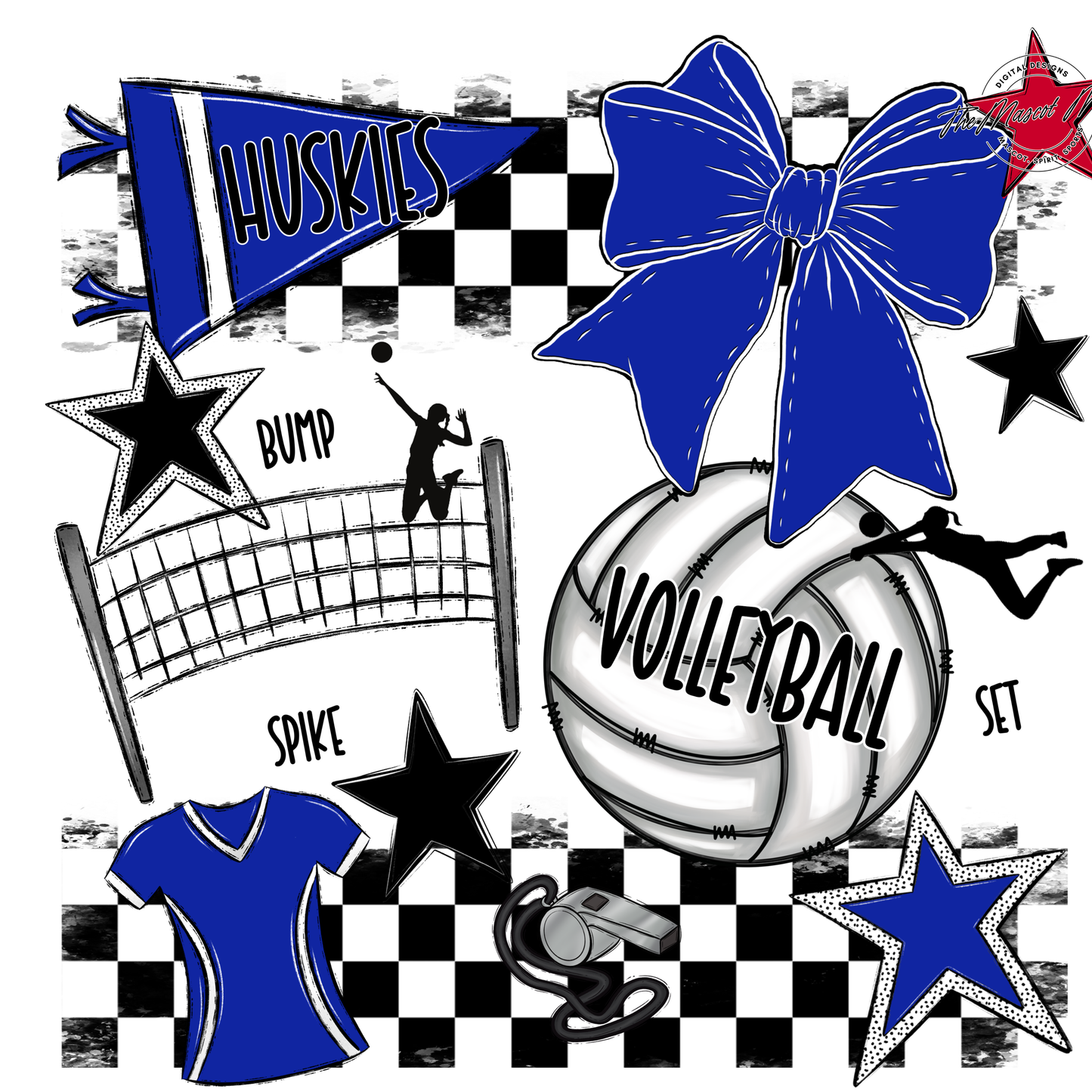 Huskies Checkers Volleyball Spirit Design-Royal Blue