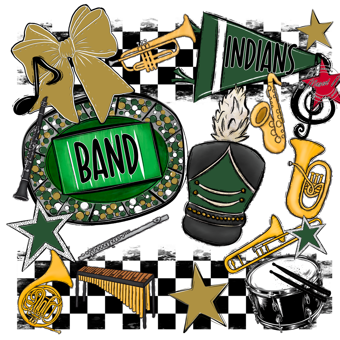 Indians Checkers Band Spirit Design-Green-Gold
